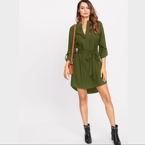 Army Green Belted Shirt Dress Asymmetric Hem - Picture 4 of 6